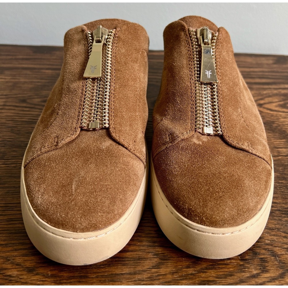 FRYE Women's Lena 11M Tan Suede Leather Slip On Low Platform Zip Mule Sneakers